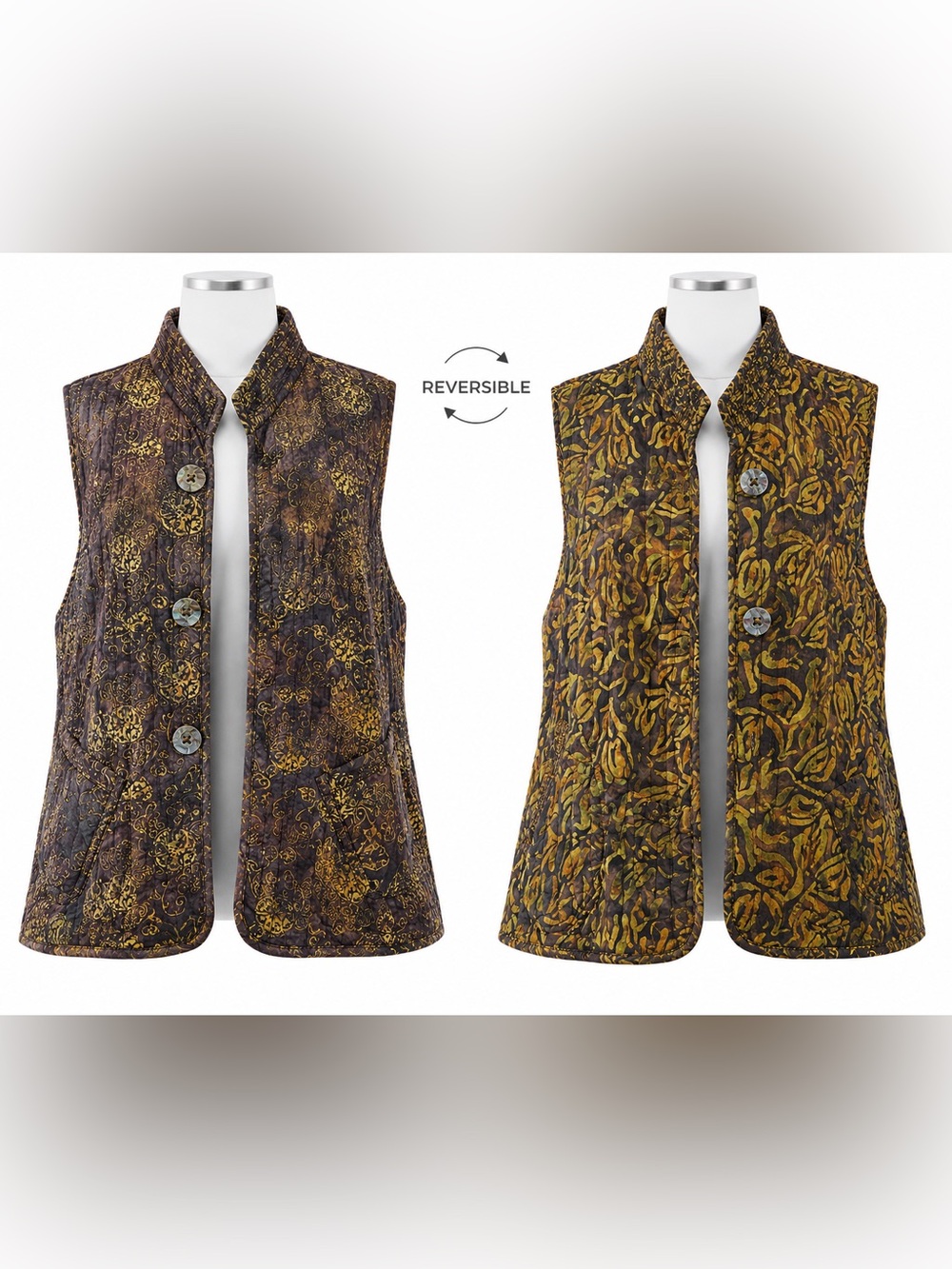 Soft Surroundings Reversible Quilted Batik Floral Boho Vest Brown Olive XL 1X